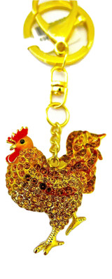 Rooster Keychain with Brown Crystals in Gold-Tone