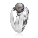 Black Round Pearl Contemporary Silver Ring 