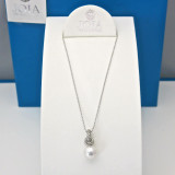 White Pearl Pendant with CZ Pave on Single-Row Silver Chain