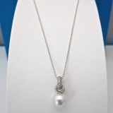 White Pearl Pendant with CZ Pave on Single-Row Silver Chain