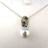 White Pearl Pendant with CZ Pave on Single-Row Silver Chain