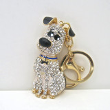 Fashion Dog Keychain with Rhinestones and Black Ears in Gold Tone