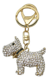 Terrier Dog Keychain with Rhinestones and Gold Bell Pendant