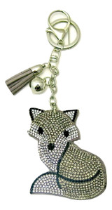 Grey Faux Leather Fox Keychain with Rhinestones