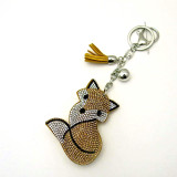 Beige Leather Fox Keychain with Rhinestones