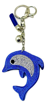 Blue Faux Leather Dolphin Keychain with Rhinestones