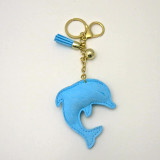 Turquoise Faux Leather Dolphin Keychain with Rhinestones