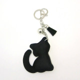 Black Faux Leather Cat Keychain with Rhinestones