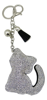 Black Faux Leather Cat Keychain with Rhinestones