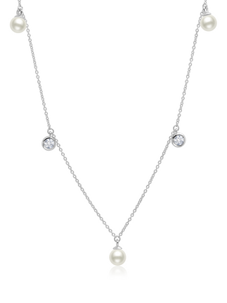 Crislu Bezel Set CZ and Freshwater Pearl Drops Necklace in Platinum