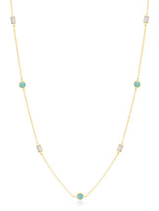 Crislu Turquoise and Baguette CZ Multi-Station Chain Necklace in Gold