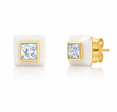 Crislu White Enamel  Square Stud Earrings in Yellow Gold Plating