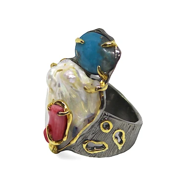 Multi Gemstone Statement Ring with Mother of Pearl, Turquoise and Coral  