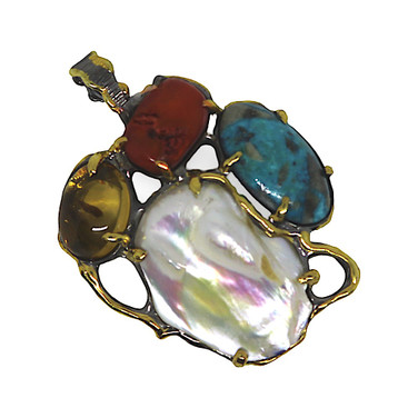 Mother of Pearl, Coral, Turquoise & Citrine Mixed Gemstone Sterling Silver Pendant 