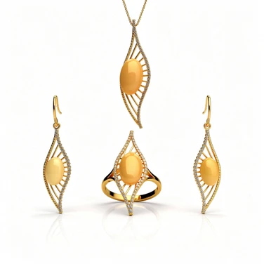 Baltic Amber Jewelry Set - Lemon Amber CZ Accents In Gold Tone