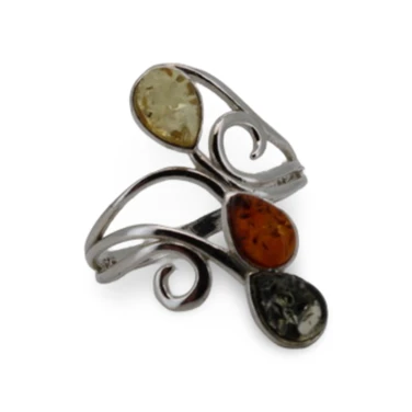 Baltic Amber - Swirl Openwork Silver Ring with Three Multicolor Amber Stones