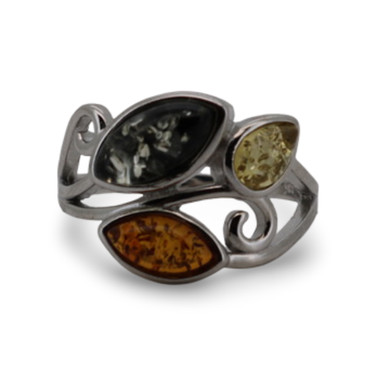 Baltic Amber - Multicolor Leaf Amber Swirl Sterling Silver Ring