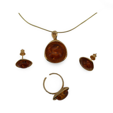 Baltic Amber Jewelry Set - Rounded Shape Golden Cognac Amber Set in Gold Tone
