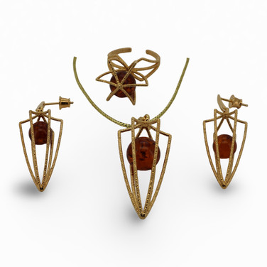 Baltic Amber Jewelry Set - Geometric Shield Brown Cognac Amber Set in Gold Tone