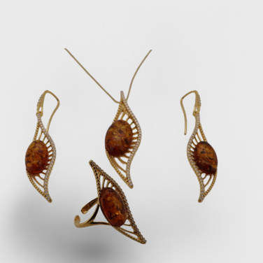 Baltic Amber Jewelry Set - Warm Cognac Amber CZ Accents In Gold Tone