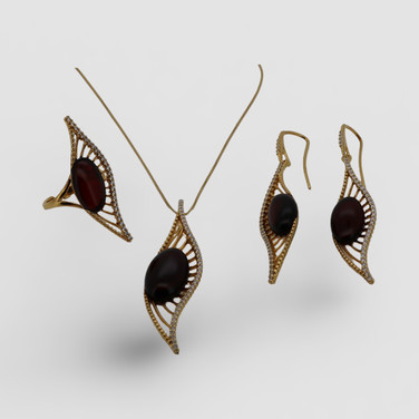 Baltic Amber Jewelry Set - Dark Cherry Amber CZ Accents In Gold Tone
