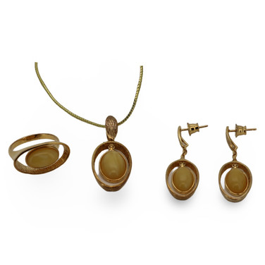 Baltic Amber Jewelry Set - Open Oval Design Creamy Butterscotch Amber CZ Accents In Gold Tone