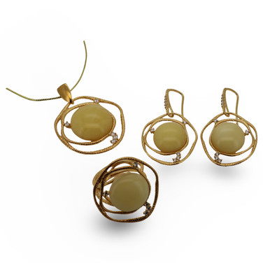 Baltic Amber Jewelry Set - Modern Circle Design Creamy Butterscotch Amber CZ Accents In Gold Tone