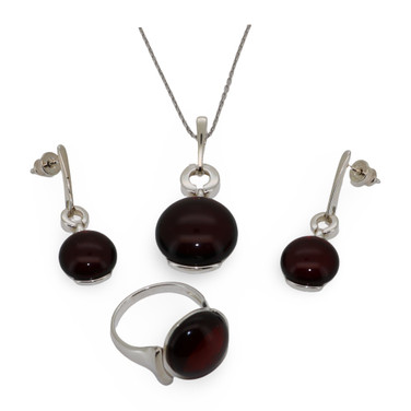 Baltic Amber Jewelry Set - Dark Cherry Round Cabochon Amber In Silver