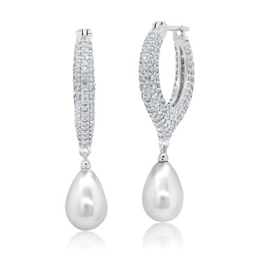 Crislu Pearl and Pave TearDrop Earrings in Platinum Plating
