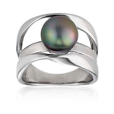 Black Round Pearl Contemporary Silver Ring 