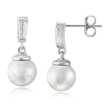 White Pearl Drop Earrings with Baguette CZ