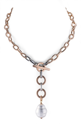 White Barrel Baroque Pearl and Rose Gold Plated  Link Chain Necklace