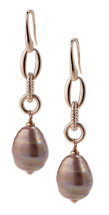 Aubergine Barrel  Small Pearl and Rose Gold Plated  Hook Earrings with Oval and Round Links