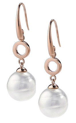 White Circular Small Pearl and Rose Gold Plated  Hook Earrings with Round Link