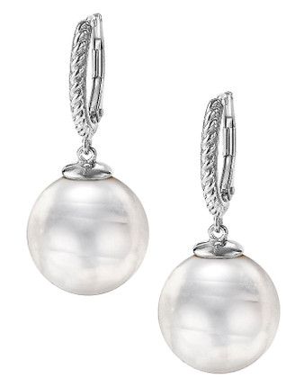 White Circular Pearl Rope Leverback Earrings, 14 mm