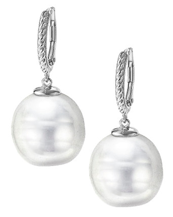 White Circular Pearl Rope Leverback Earrings, 16 mm