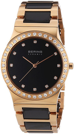 BERING Women's Watch with Black Ceramic and Rose Gold Link Band and Scratch Resistant Sapphire Glass