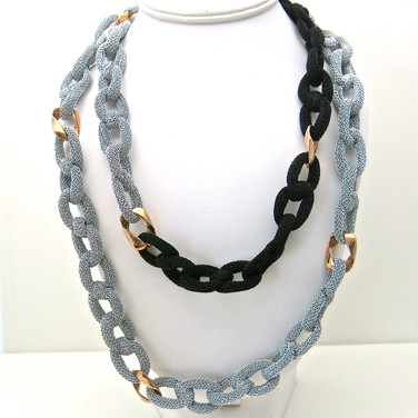 Adami & Martucci Silver and Black Mesh Long Necklace with Rose Gold Links