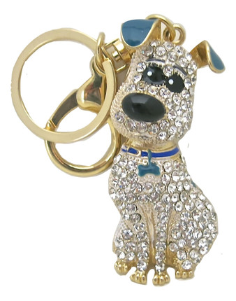 Fashion Dog Keychain with Rhinestones and Blue Ears in Gold Tone