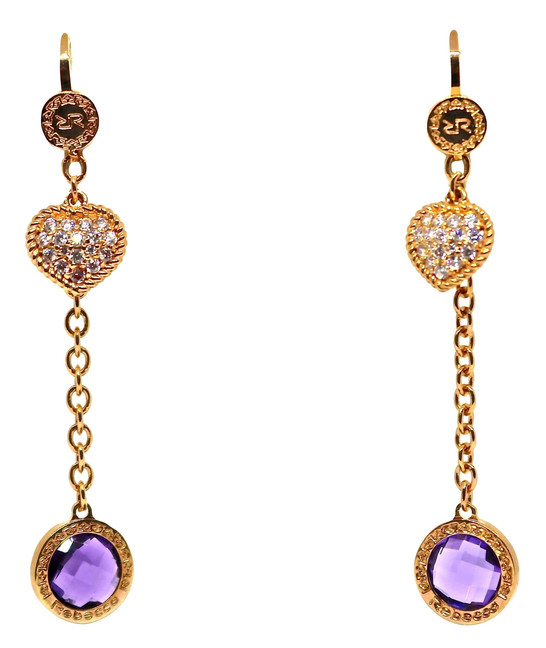 Chain Earrings with Hearts and Purple Round Crystals