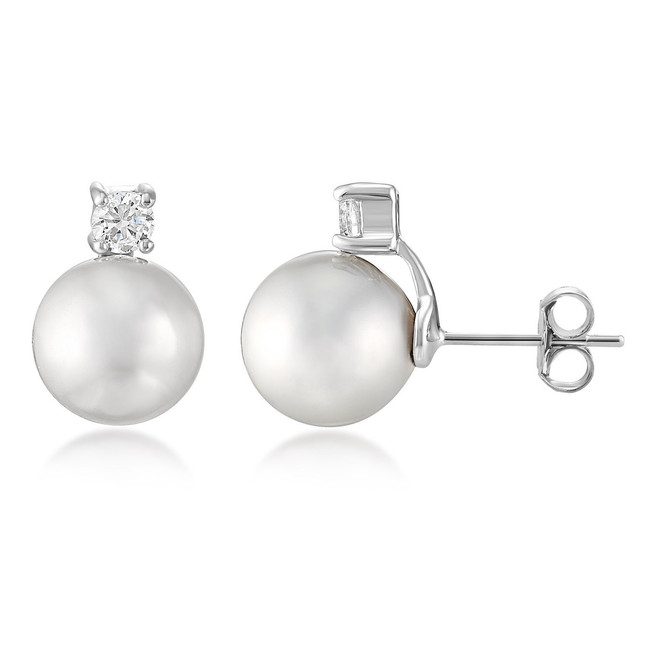 White Pearl With CZ Stud Earrings in Silver, 10 mm