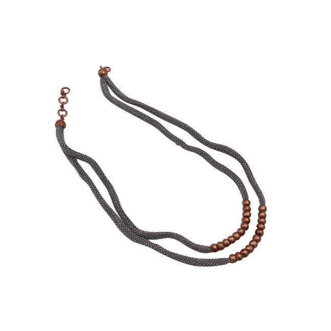 Adami & Martucci Silver Mesh Two-Strands Short Necklace With Rose Gold Matte Beads