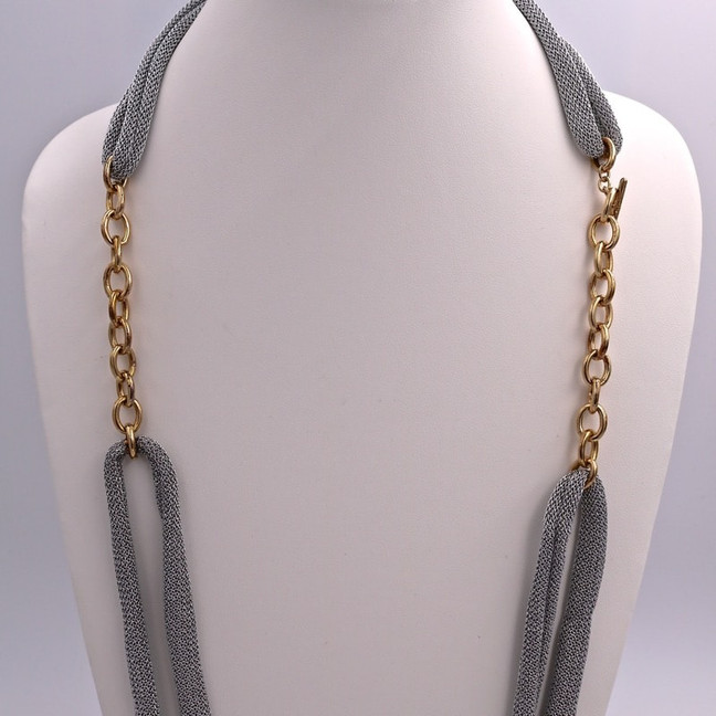 Adami and Martucci Silver Mesh Long Necklace with Yellow Gold Links