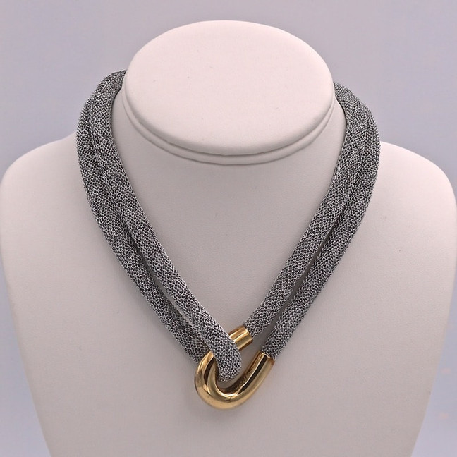 Adami & Martucci Silver Mesh Necklace With Yellow Gold Loop