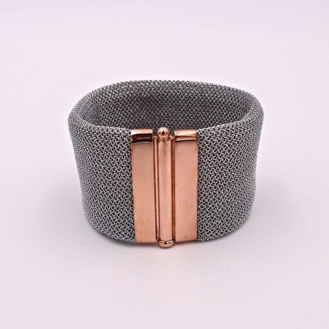 Adami & Martucci Silver Mesh Cuff Bracelet with Rose Gold Closure