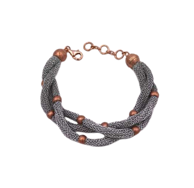 Adami & Martucci 3-Strands Silver Mesh Bracelet with Small Rose Gold Matte Balls