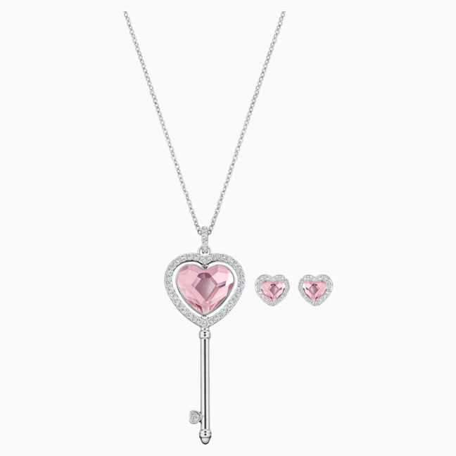 Swarovski Octagon Pink Crystal, Pearls and Gold Heart Hyperbola Pendant  Necklace