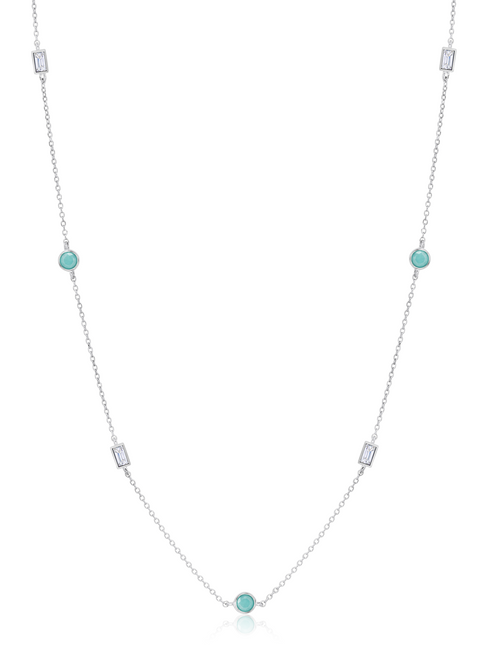 Crislu Turquoise and Baguette CZ Multi-Station Chain Necklace in Platinum