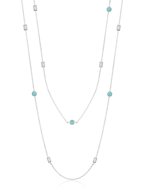 Crislu Turquoise and Baguette CZ Chain Long Necklace in Platinum