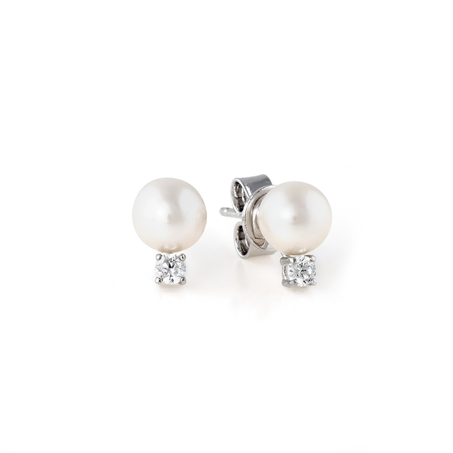 Crislu Freshwater Pearl and Bezel Set CZ Stud Earrings